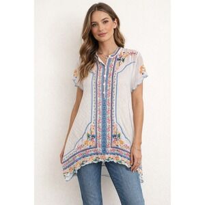 Johnny Was Tunic Top Floral Embroidered White Cupra Rayon Boho Size M